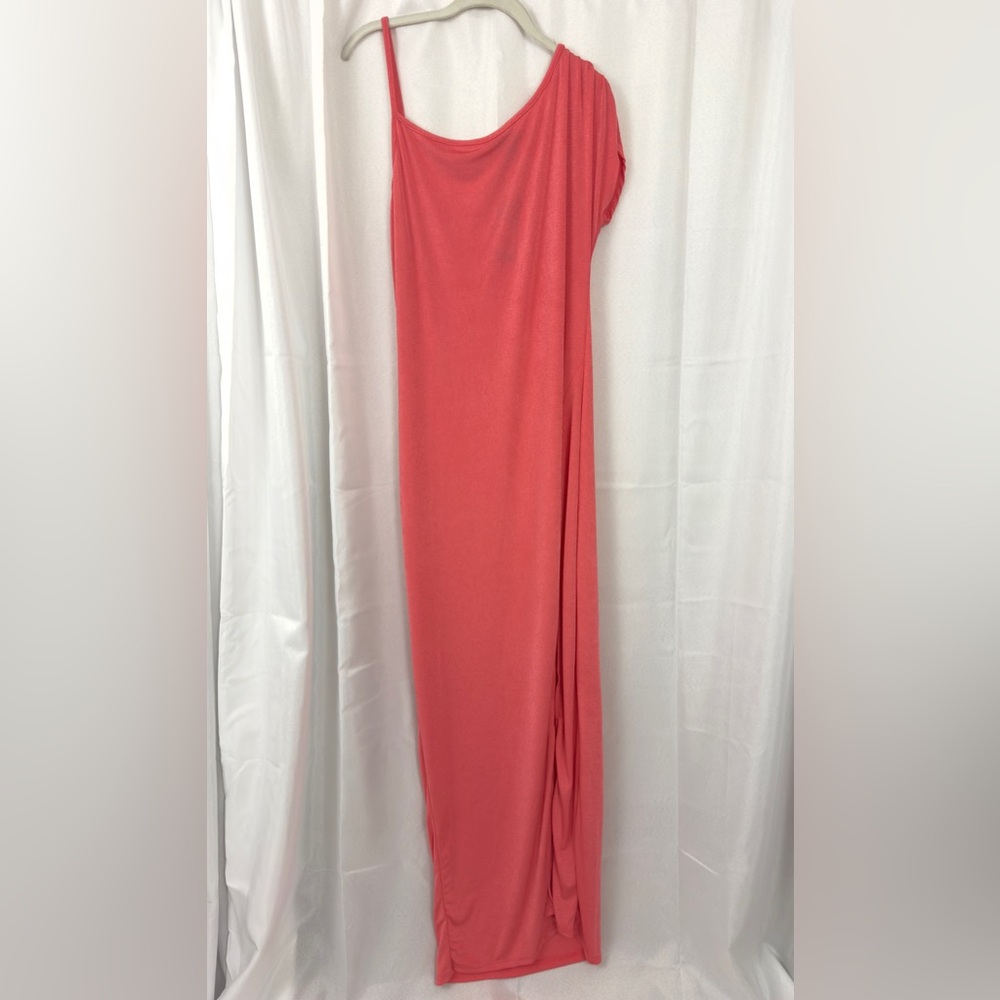 PrettyLittleThing CORAL ONE SHOULDER SLINKY HIGH SLIT MAXI DRESS   US 14     NWT - Picture 6 of 10